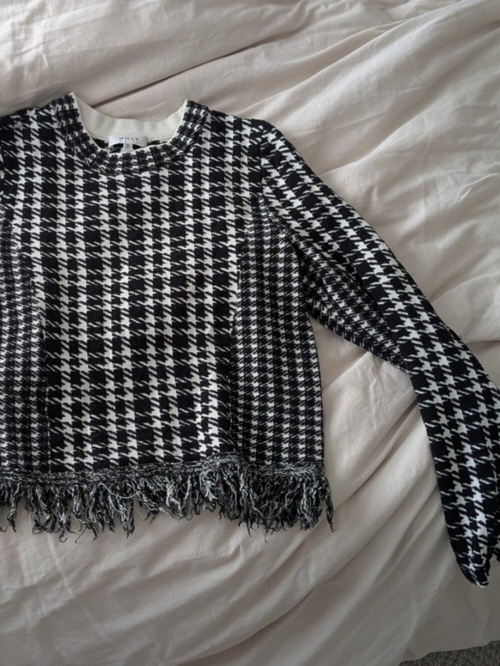 Milly Black and White Houndstooth Long Sleeve Fringe Sweater M - Picture 2 of 6